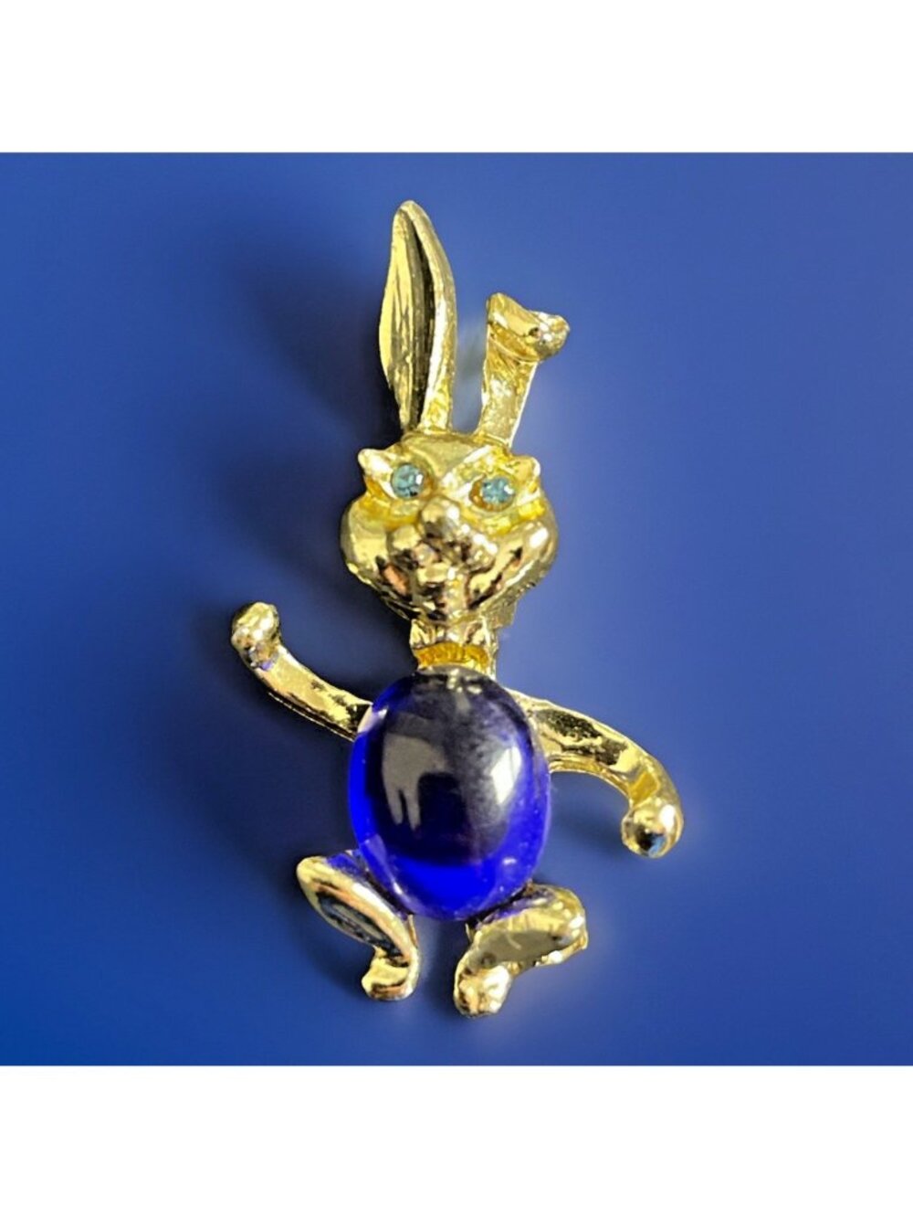Vintage Gold-Tone Blue Jelly Belly Bunny Rabbit Brooch Pin